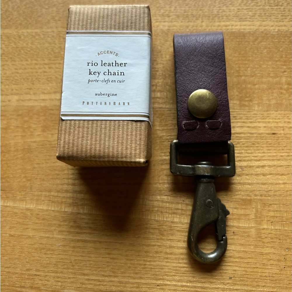 Pottery Barn Aubergine Leather Key Chain with Brass Clip